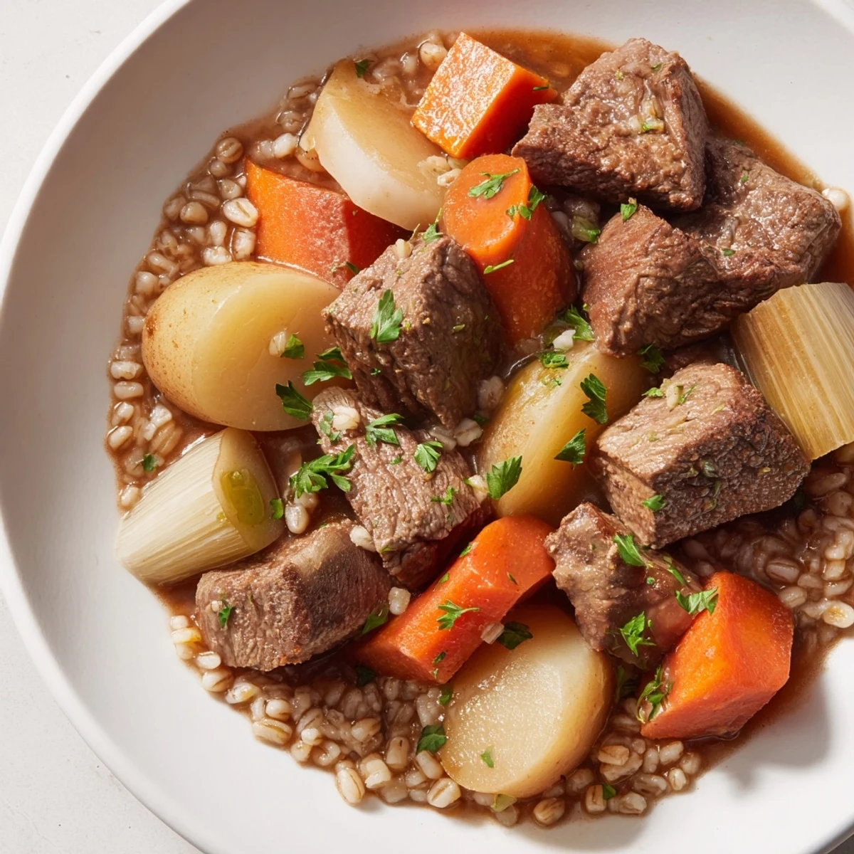 Tender beef chunks and pearl barley simmer in a rich broth with carrots and potatoes for this cozy Irish Stew.  