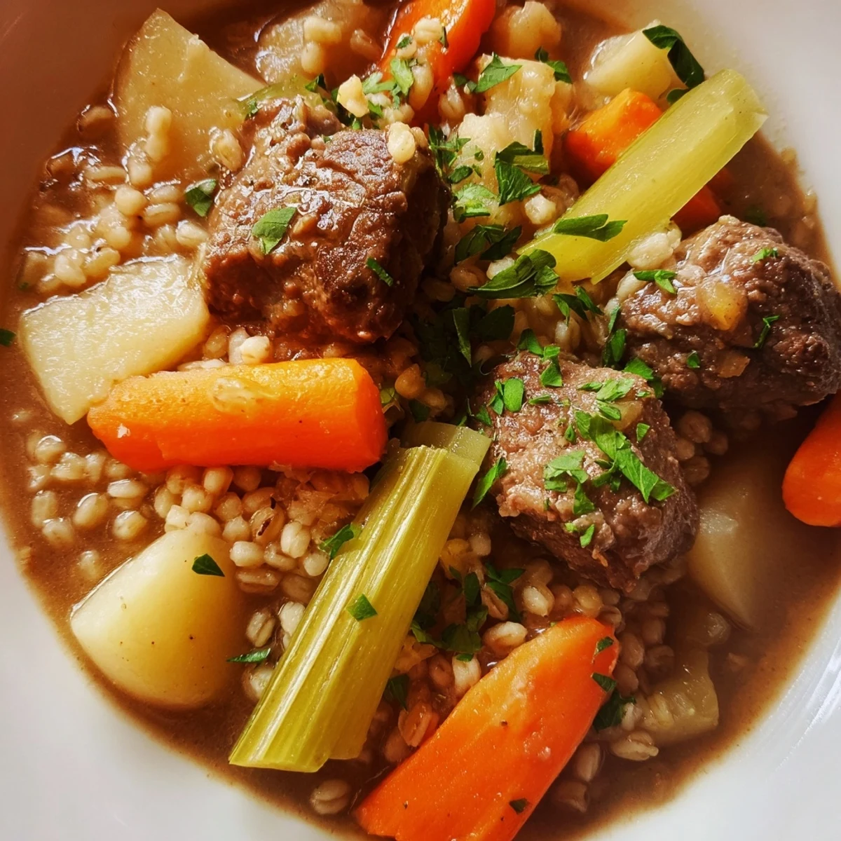 Golden-brown beef and root vegetables create a hearty, aromatic Irish Stew ready to be served in a rustic bowl.  