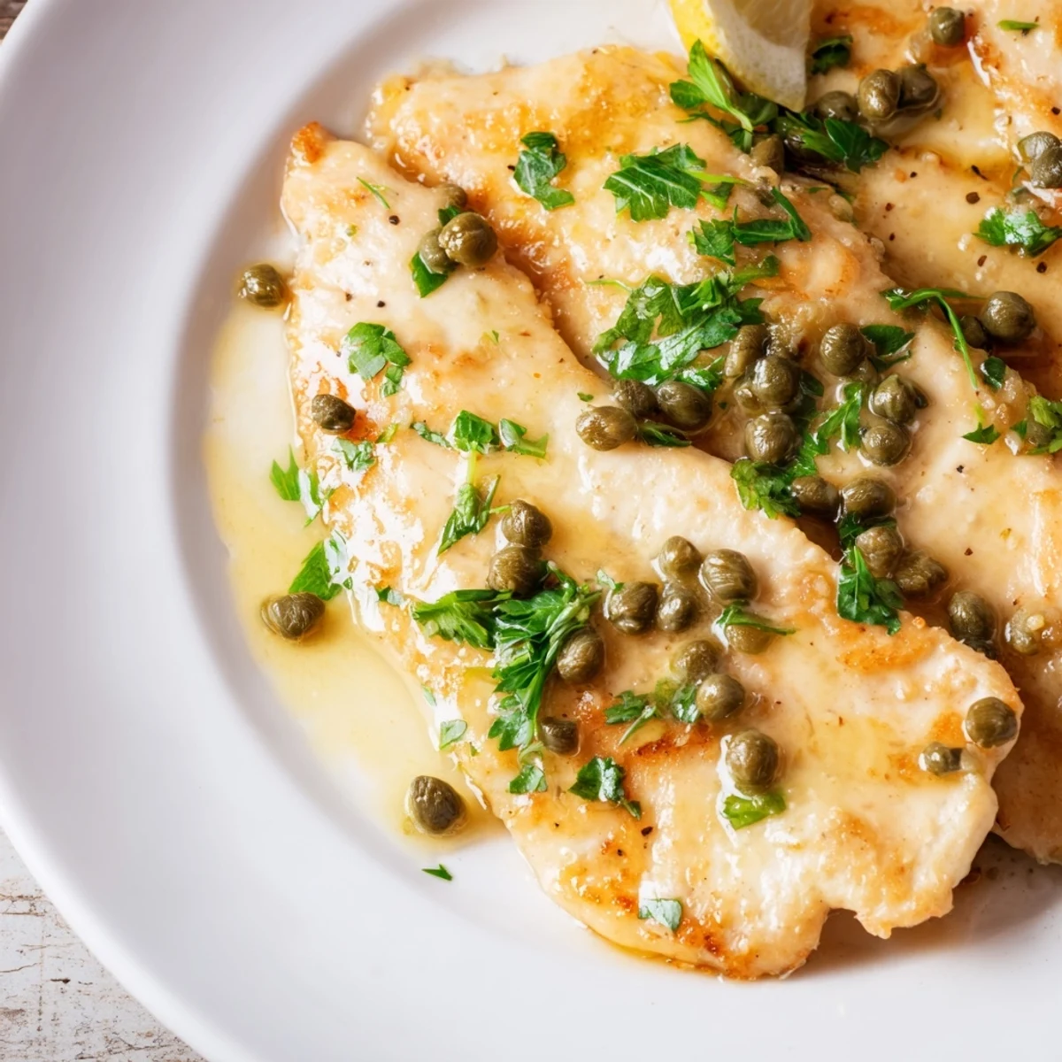 A close-up of golden, sautéed Chicken Piccata with capers and lemon, drizzled with a glossy, tangy sauce.