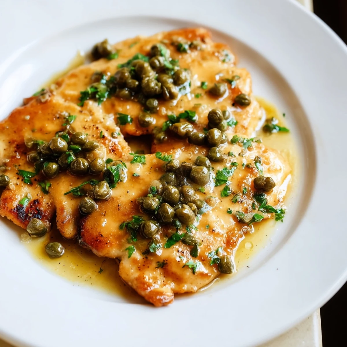 Tender cutlets of Chicken Piccata topped with briny capers and parsley, served over creamy pasta for a bright meal.
