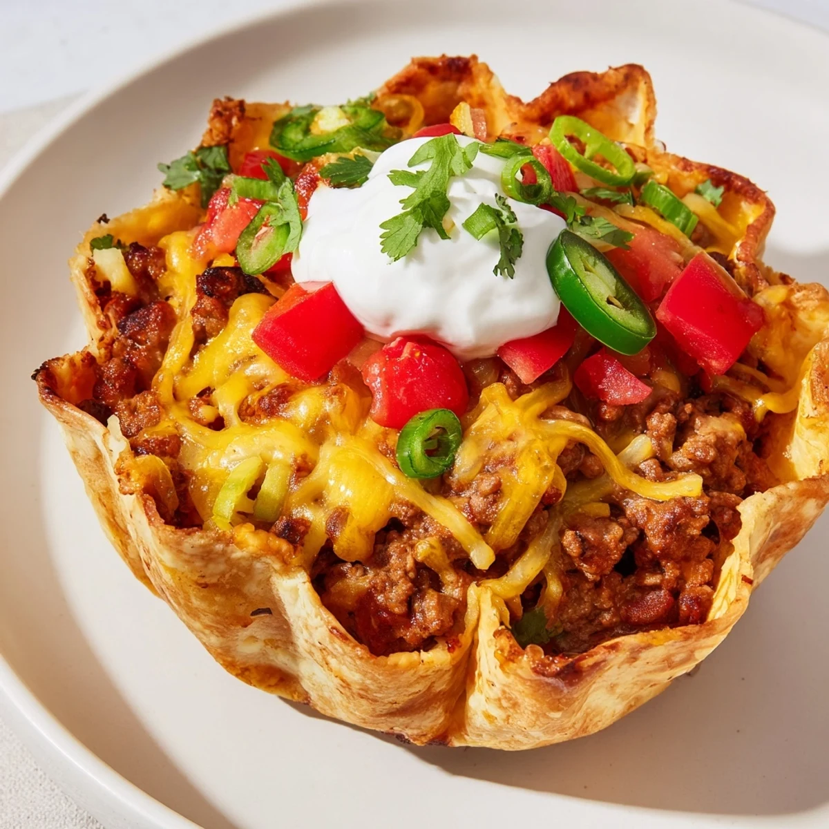 Freshly baked Taco Cups with Ground Beef and Cheese reveal melted cheddar and Monterey Jack in a crispy tortilla shell, ready for a party platter.