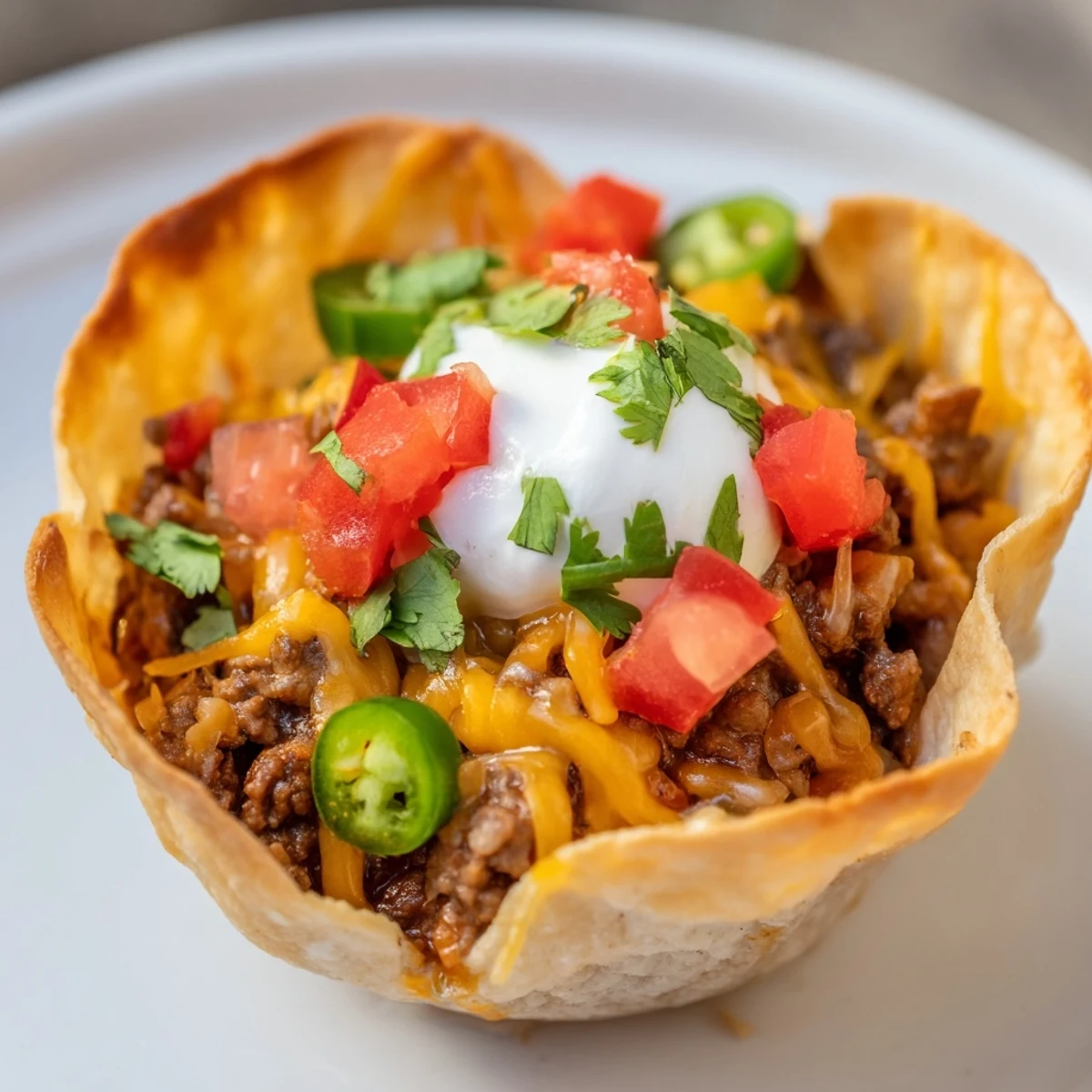 Savory Taco Cups with Ground Beef and Cheese filled with seasoned meat, topped with jalapeños and tomatoes, served warm on a festive serving board.