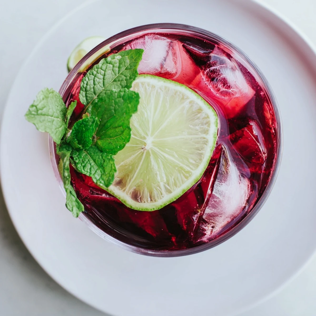 A tall glass of Hibiscus Iced Tea with Lime, featuring a brilliant ruby-red hue and a refreshing mint sprig on the rim.