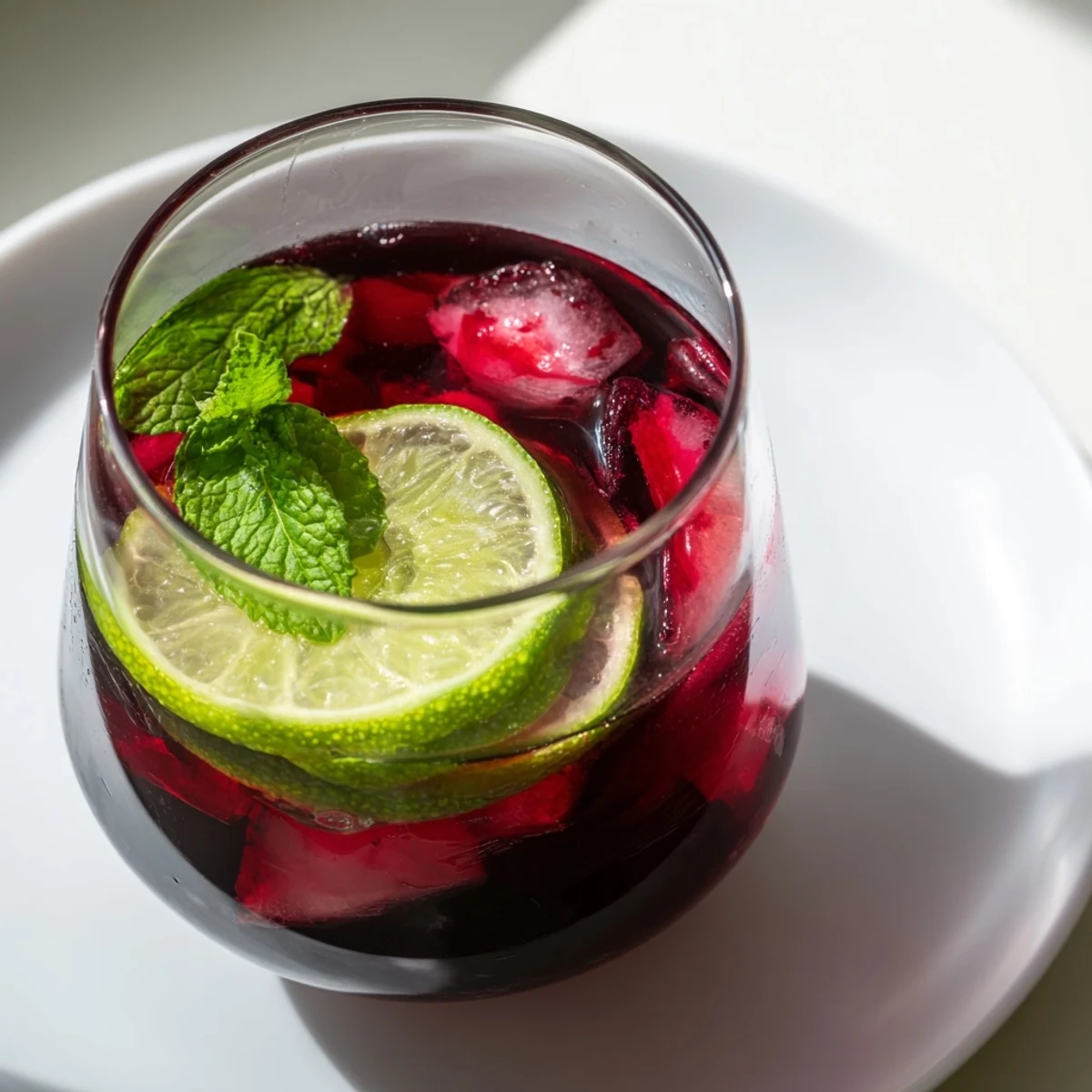 A vibrant pitcher of Hibiscus Iced Tea with Lime, garnished with fresh mint and lime slices, served over clear ice cubes.