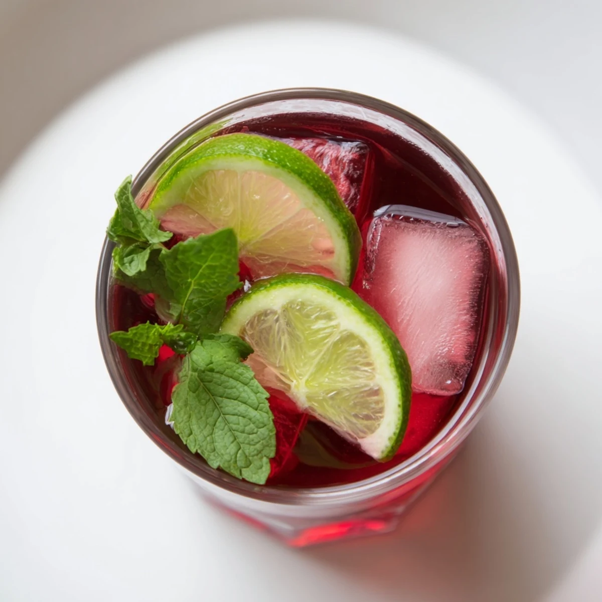 Homemade Hibiscus Iced Tea with Lime being poured into a glass, capturing the steamy chill and tangy aroma of fresh lime.