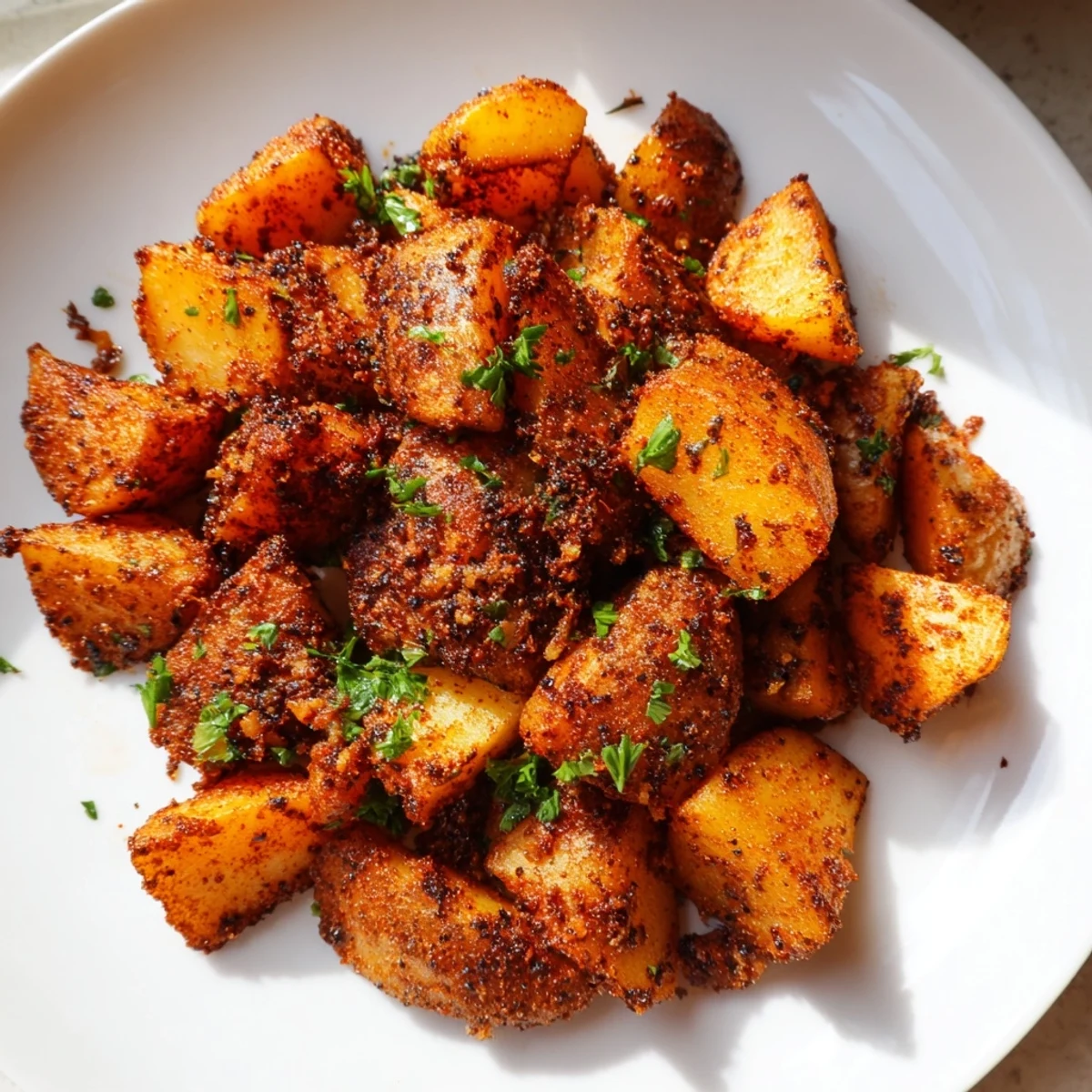Golden-brown Cajun Spiced Roasted Potatoes piled high on a baking sheet, emitting savory aromas and featuring crispy edges alongside tender interiors.  