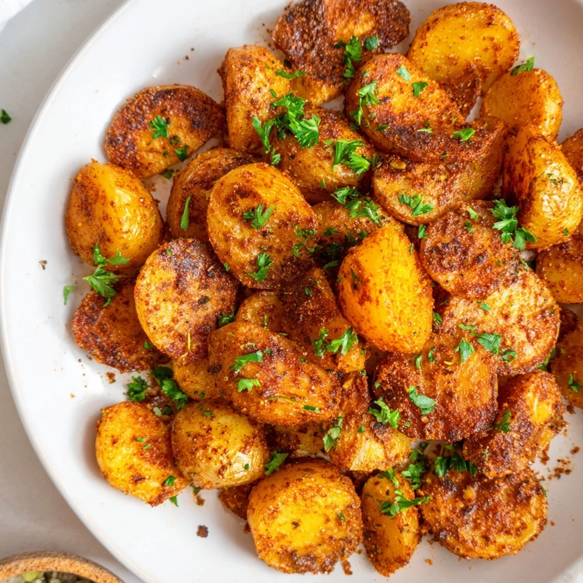 Freshly roasted Cajun Spiced Roasted Potatoes garnished with vibrant chopped parsley and bright lemon wedges, served as a zesty Southern side dish.  