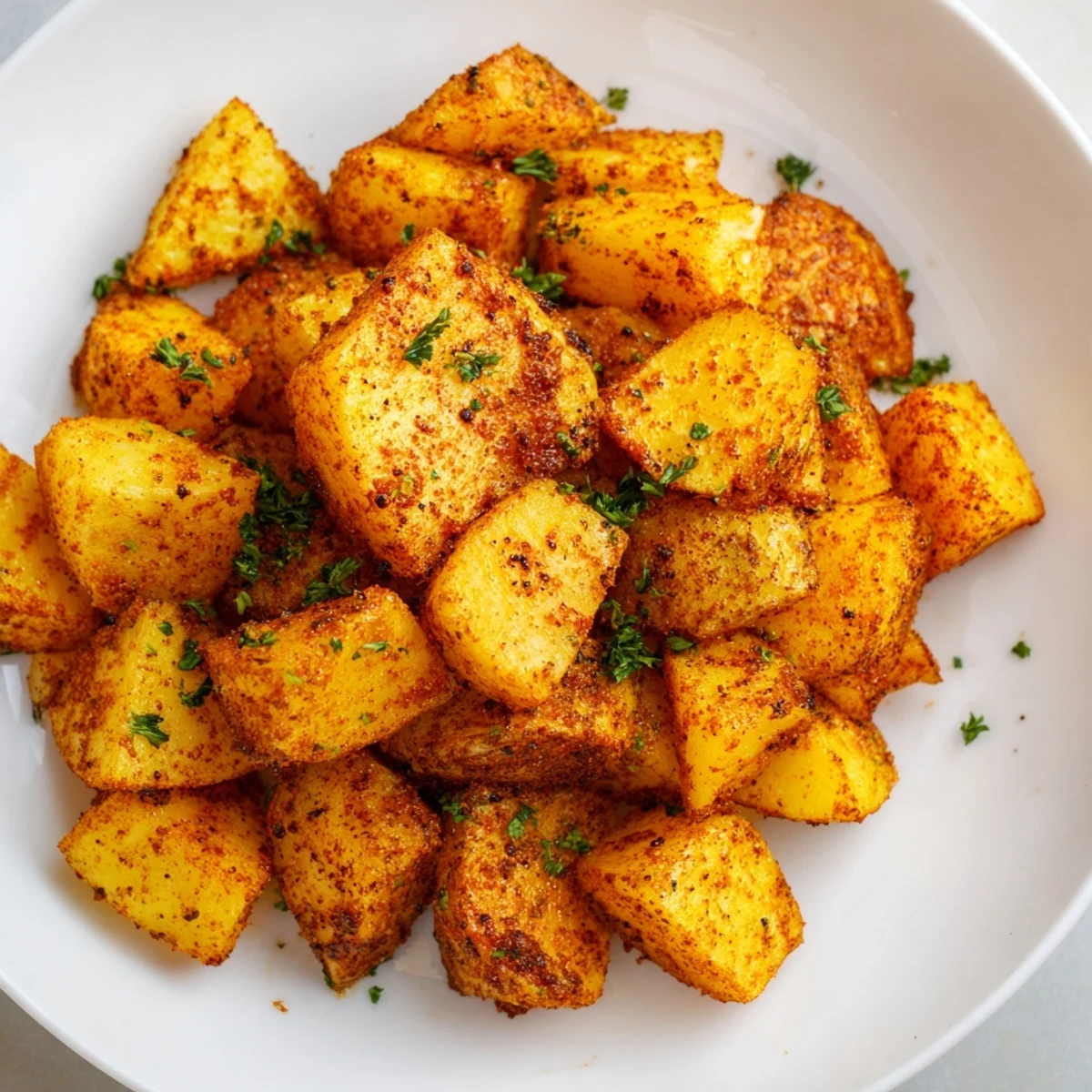 Cajun Spiced Roasted Potatoes glistening with olive oil and bold seasoning, arranged in a single layer with a rustic wooden spoon nearby.