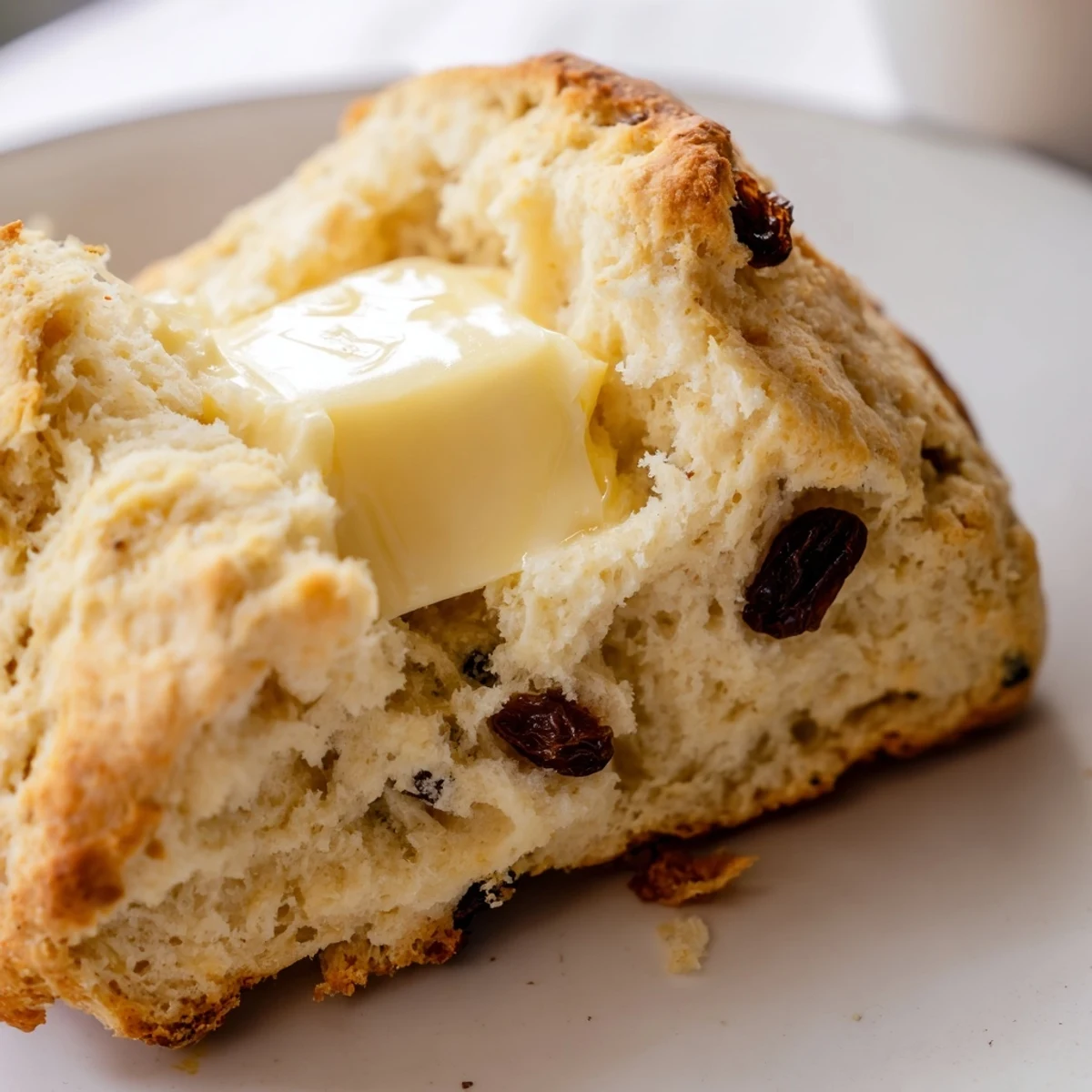 Golden-brown Irish Soda Bread Scones with butter spread on a warm, flaky half.  