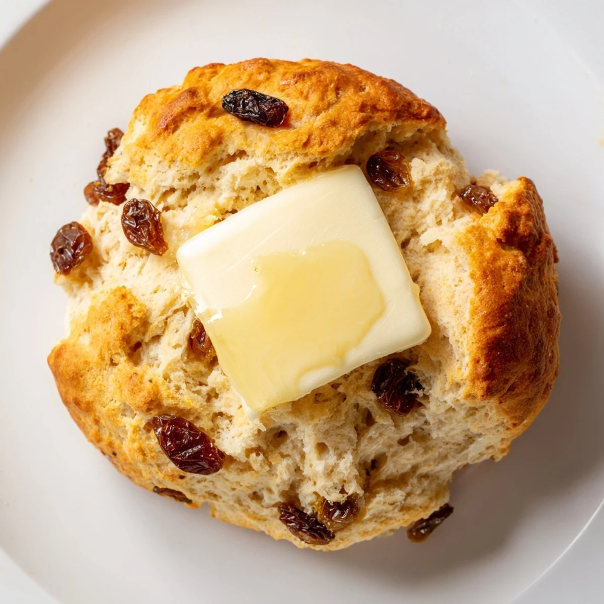Freshly baked Irish Soda Bread Scones with raisins, served beside a cup of tea.  