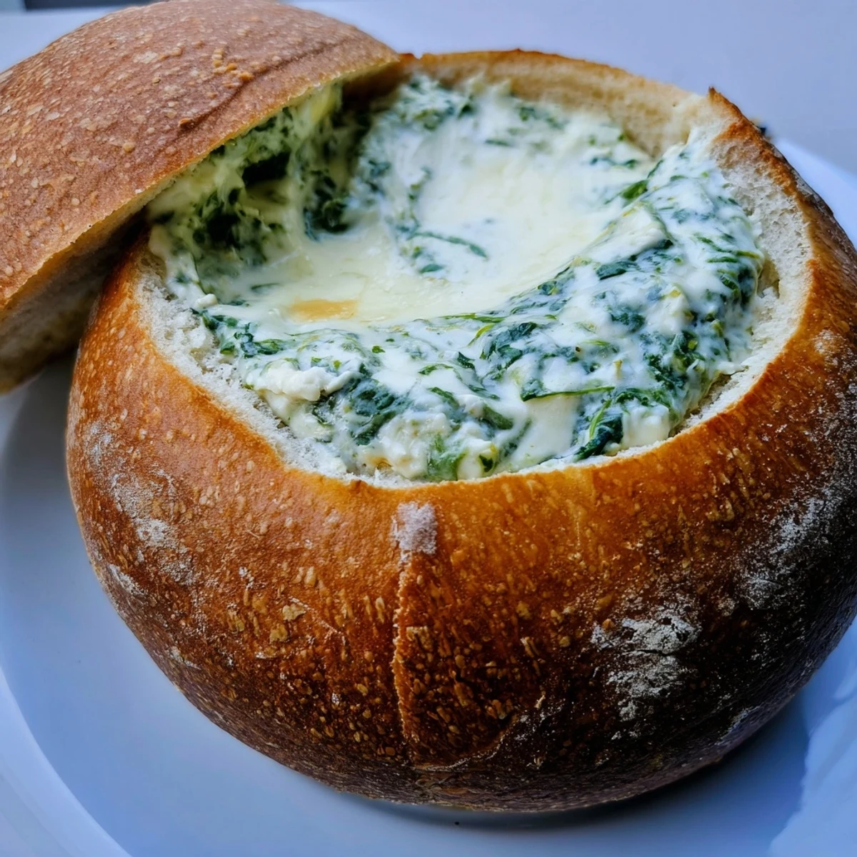 Warm, bubbly spinach dip served from a hollowed sourdough bread bowl with cubed bread for dipping.  
