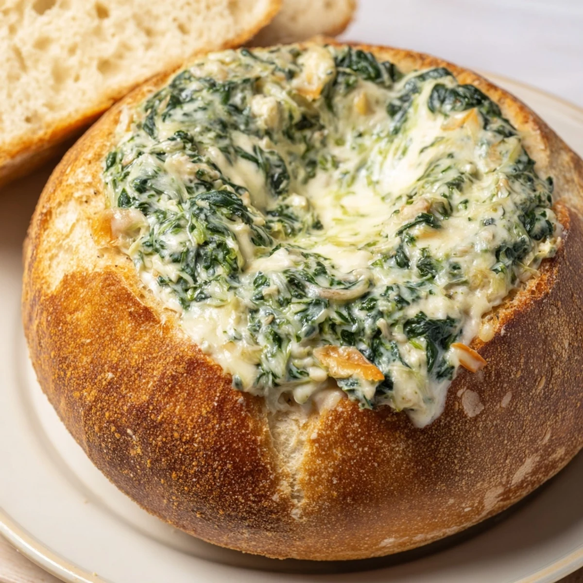 Golden-baked spinach dip in a rustic sourdough bread bowl, surrounded by fresh vegetable sticks for serving.  