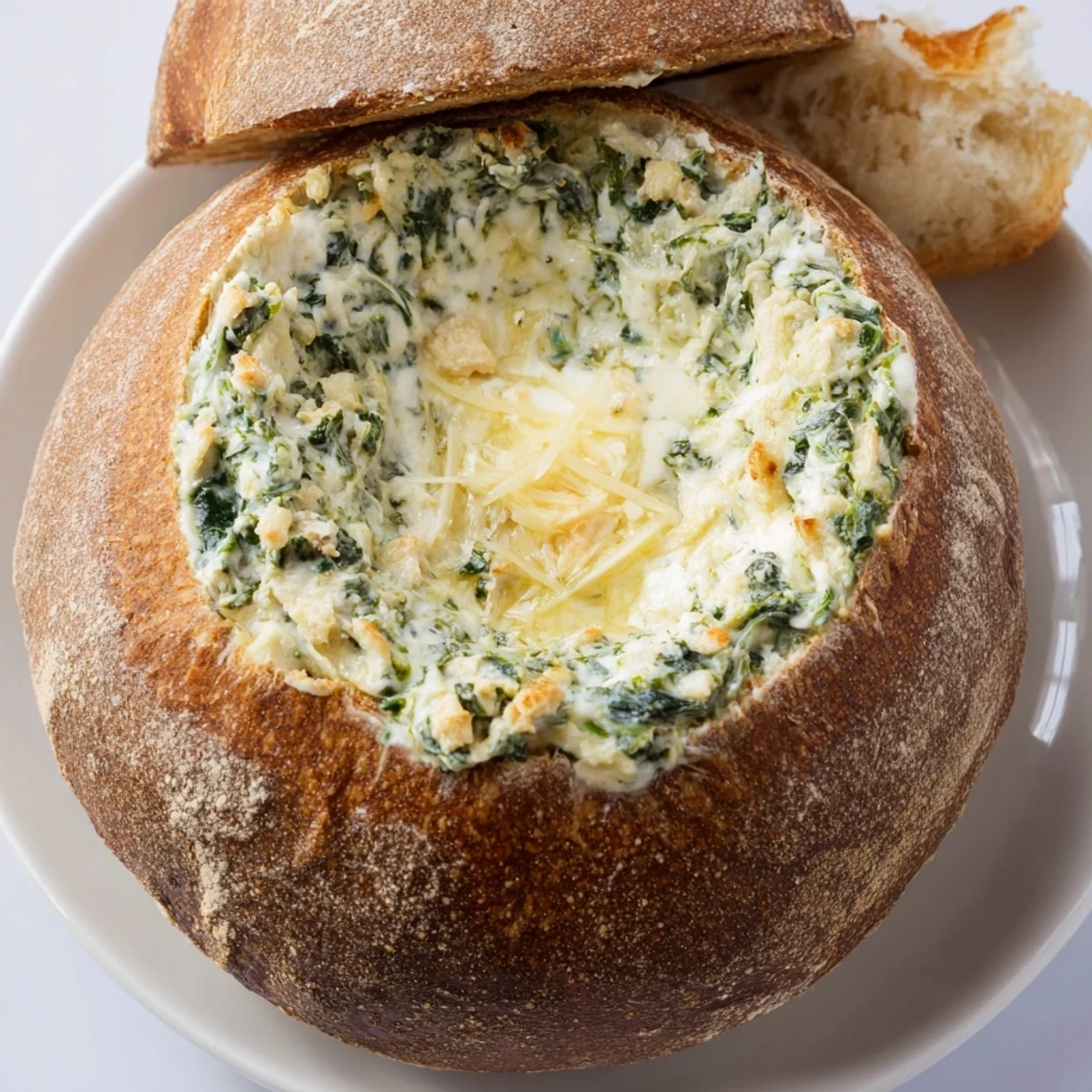 Creamy spinach dip filling a crusty sourdough bread bowl, ready to share at a party or gathering.