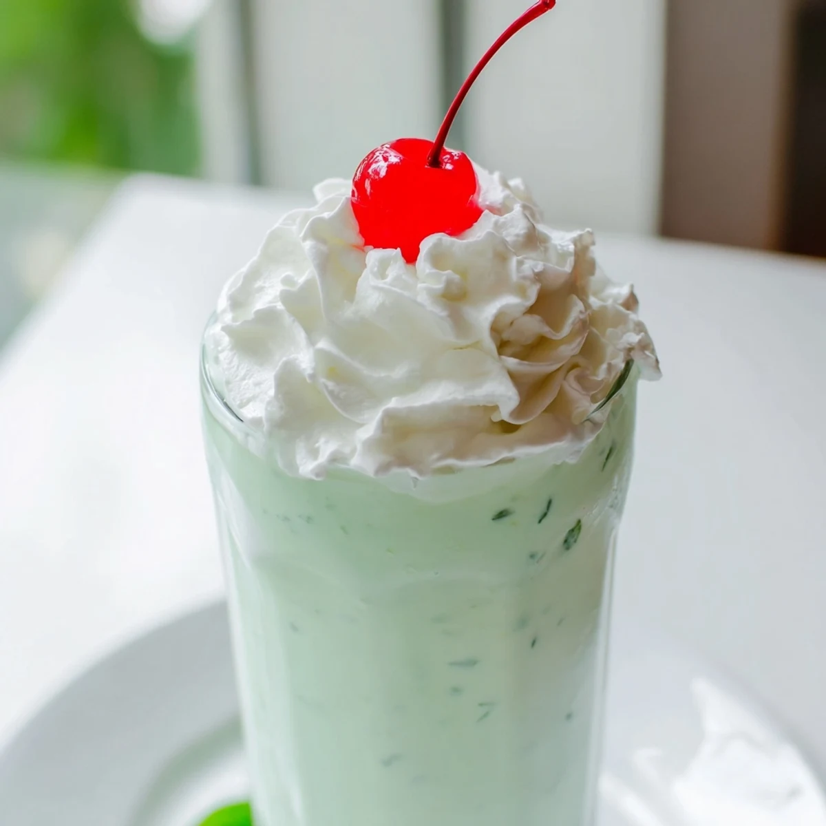 A frosty Mint Milkshake with Maraschino Cherry topped with whipped cream in a chilled glass.  