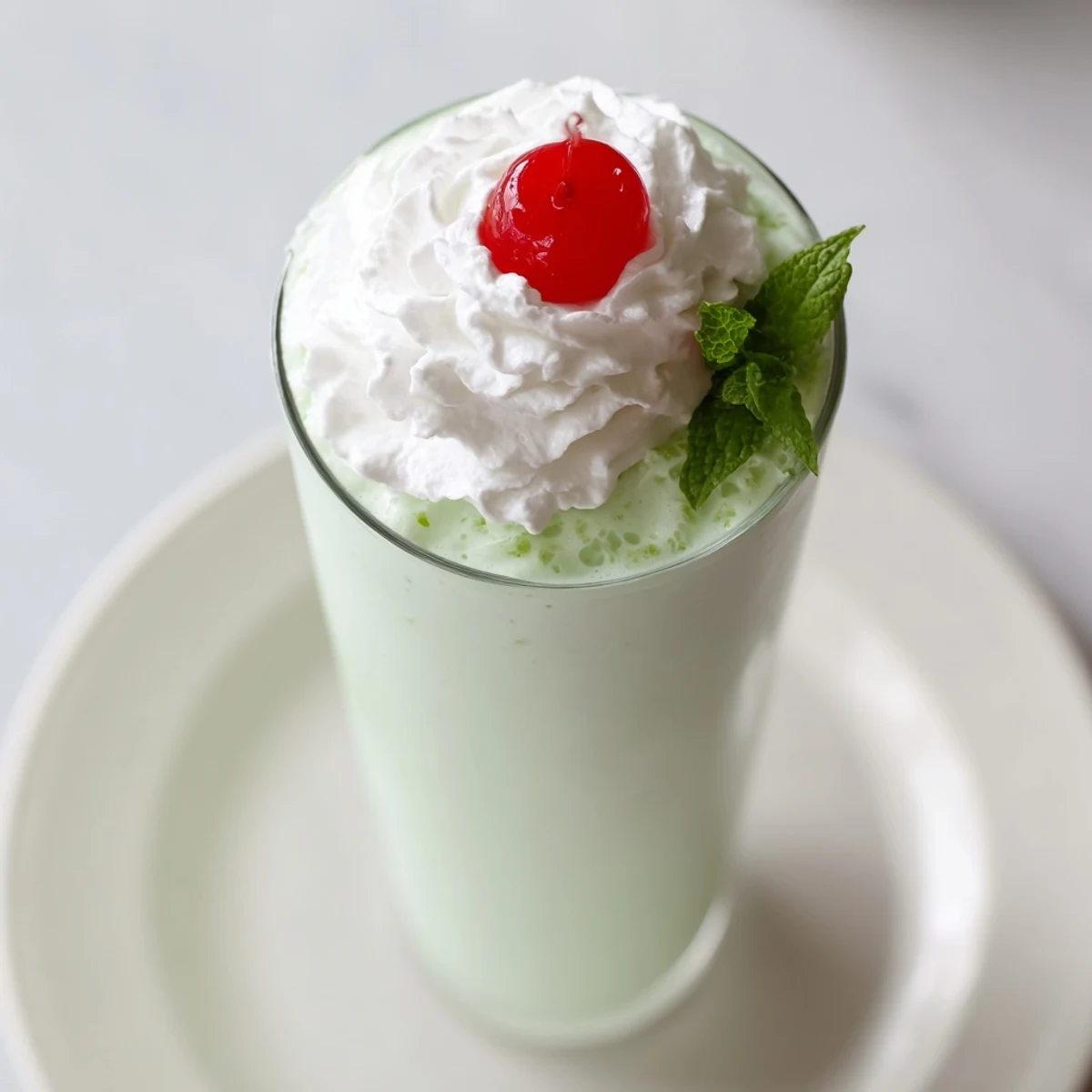 Creamy Mint Milkshake with Maraschino Cherry served with a straw beside fresh mint garnish.  