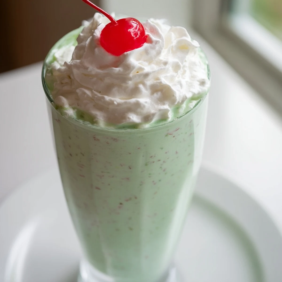 Refreshing Mint Milkshake with Maraschino Cherry and a cherry on top beside crunchy cookies.