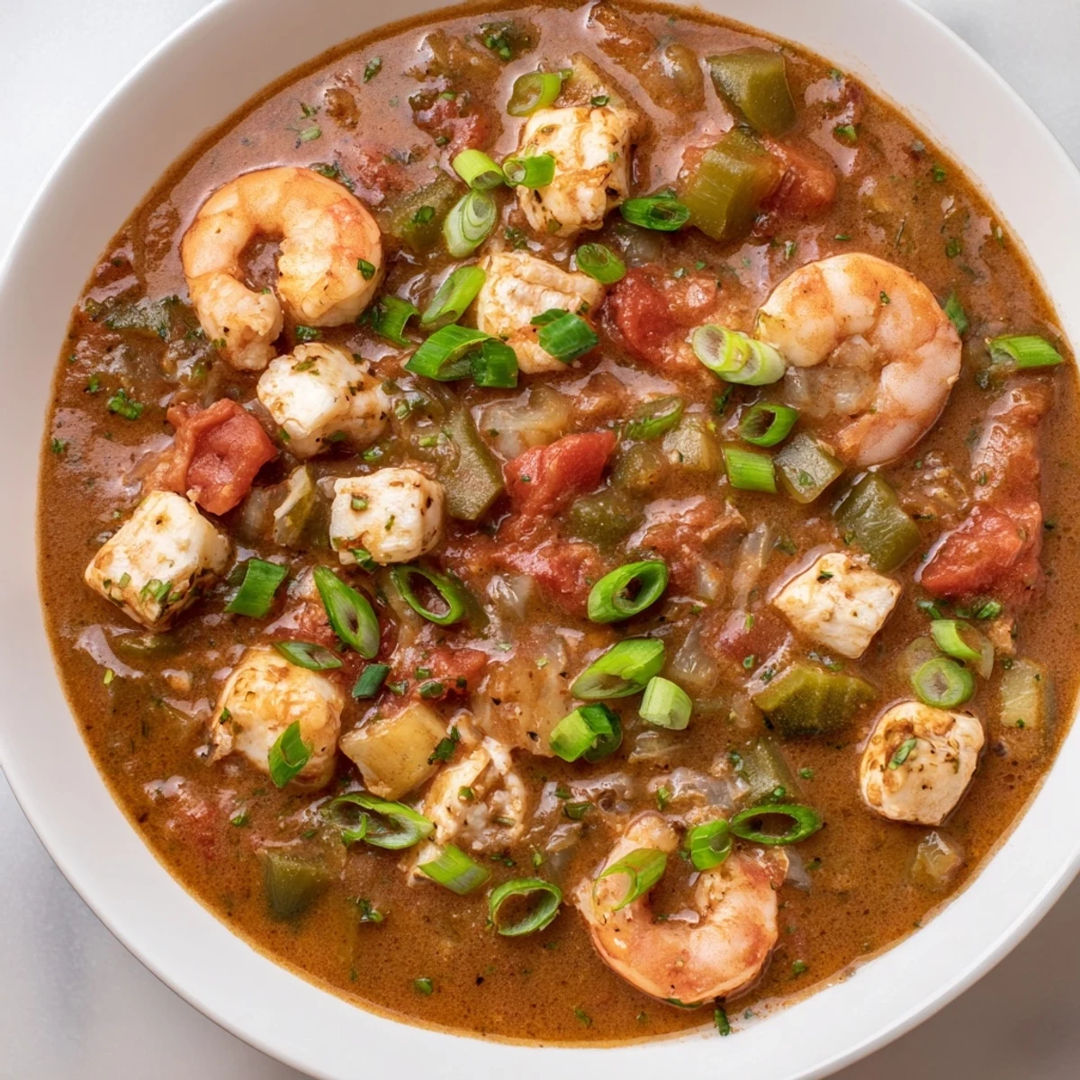 Close-up of Seafood Gumbo with Okra and Tomatoes, showing tender shrimp, crab, and fresh vegetables.