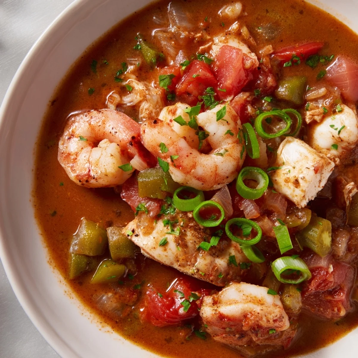Rich Creole Seafood Gumbo with Okra and Tomatoes, garnished with parsley and green onions.