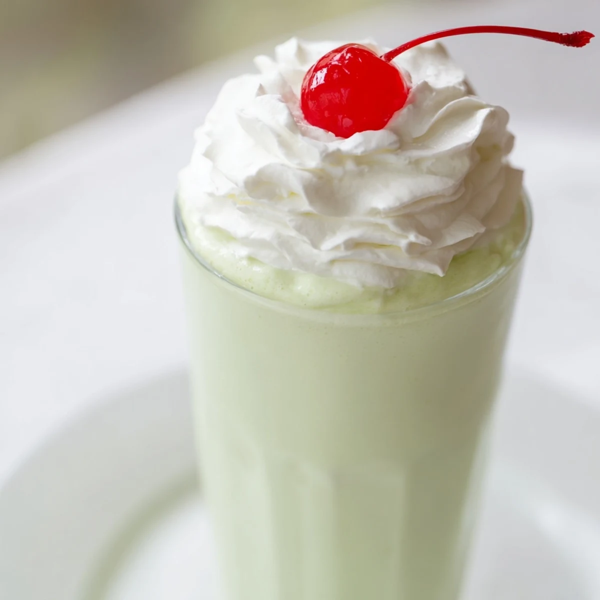 A tall glass of mint milkshake with maraschino cherry, topped with fluffy whipped cream and vibrant green hues.
