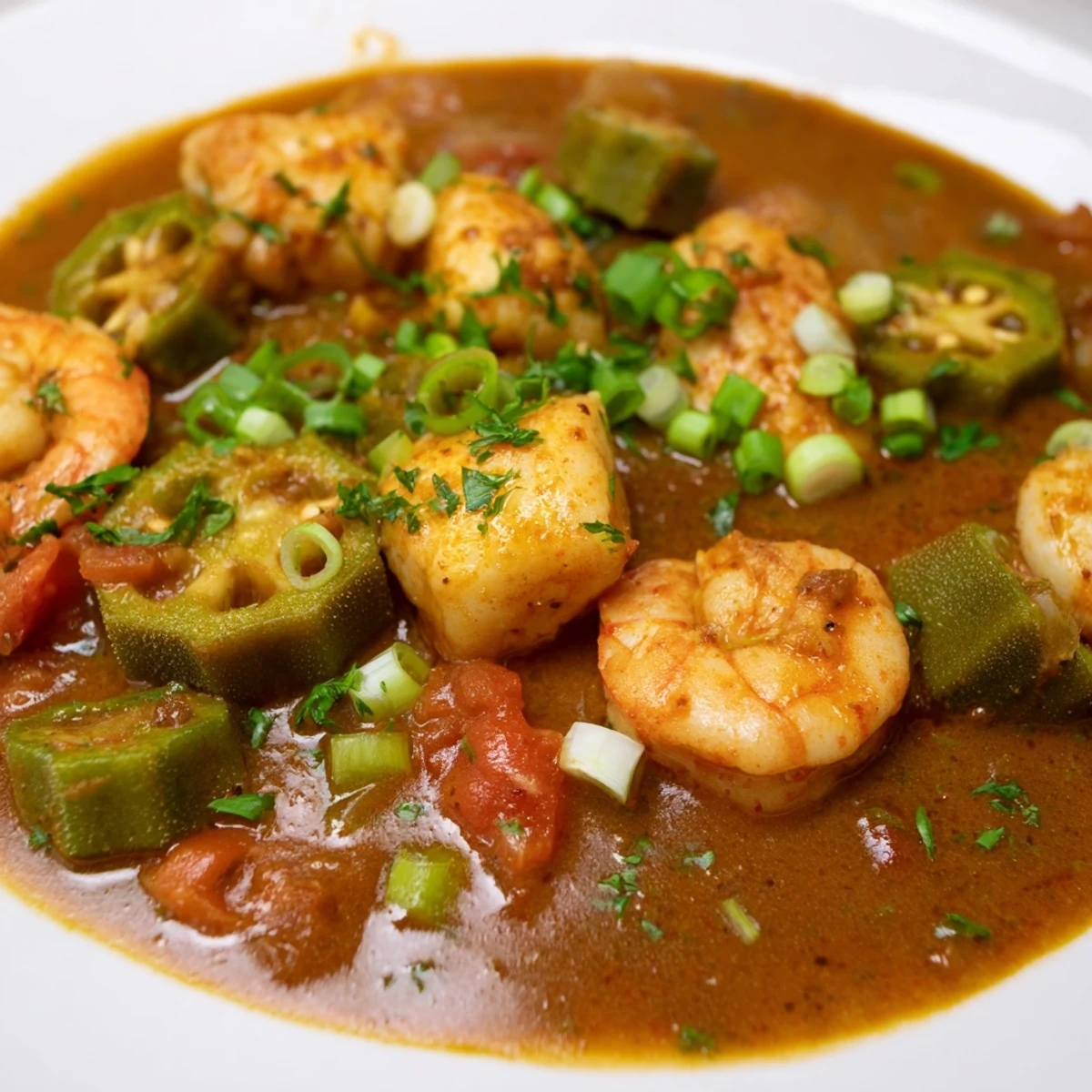 A steaming bowl of Seafood Gumbo with Okra and Tomatoes, served over fluffy white rice and garnished with fresh parsley.  