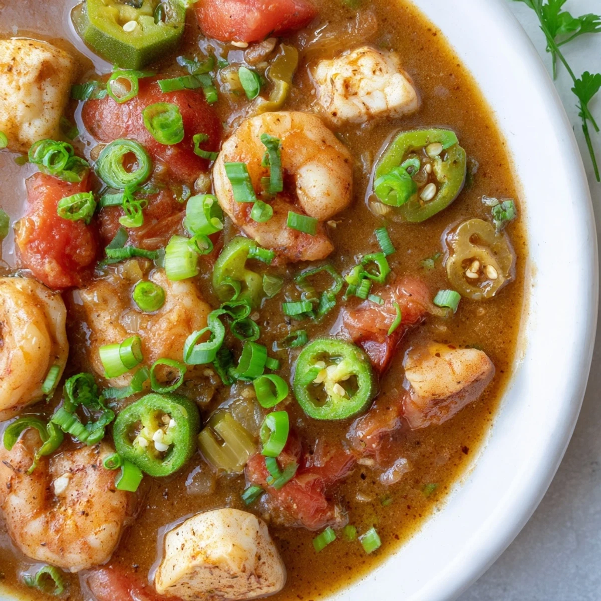 Fresh okra and diced tomatoes add texture to a hearty pot of Seafood Gumbo, ready to serve in a rustic bowl.