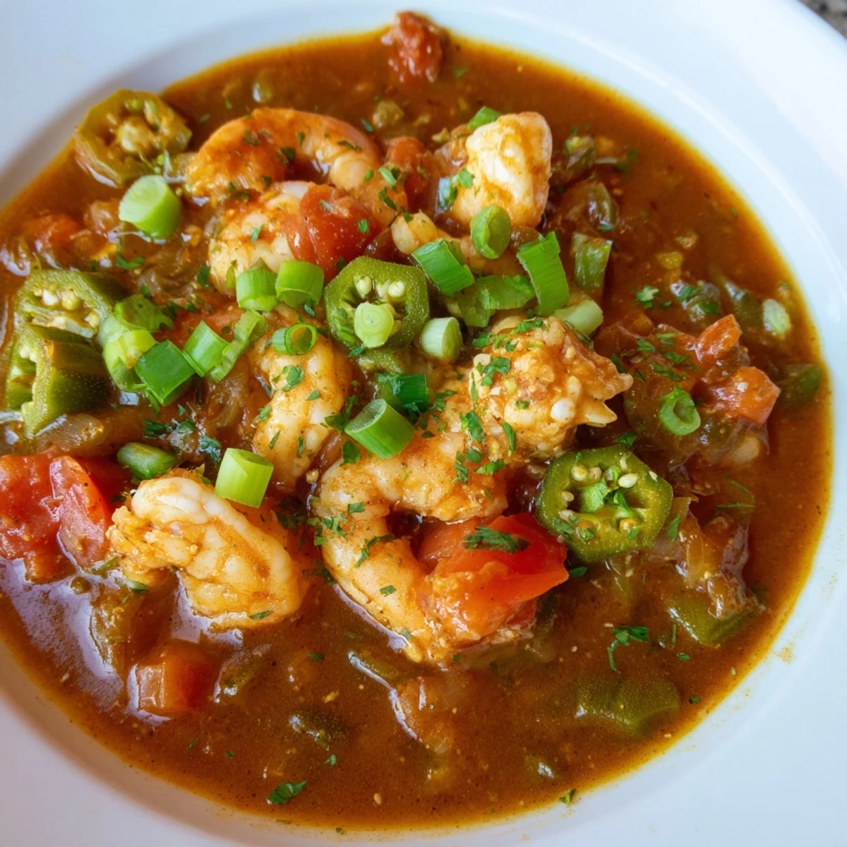 Seafood Gumbo with Okra and Tomatoes simmered in a rich, dark roux broth, featuring shrimp and crab in a classic Creole stew.  