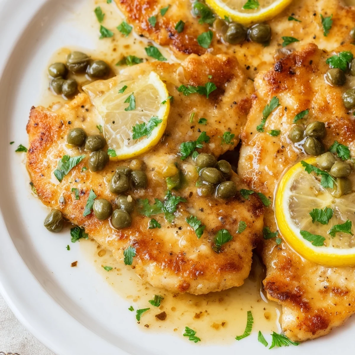 Golden-brown breaded chicken cutlets smothered in a bright lemon-caper sauce, garnished with fresh parsley for a classic Italian-American dinner.