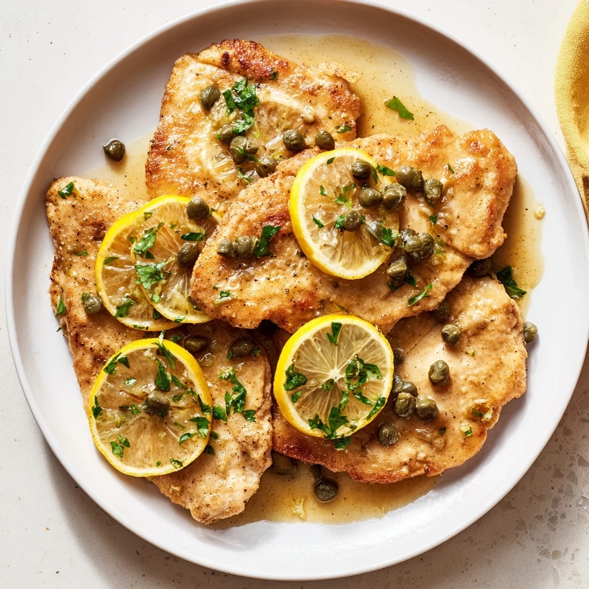 Sizzling Chicken Piccata with Capers and Lemon served over pasta, with a rich, buttery sauce pooling around tender cutlets.
