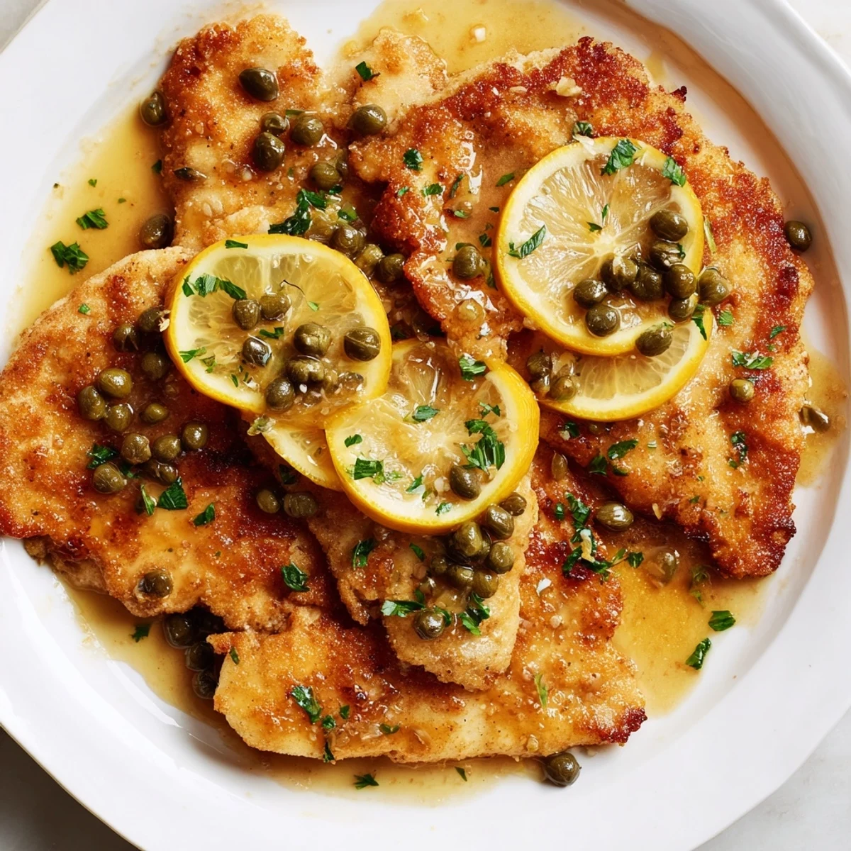 Tender sautéed chicken breasts in a tangy lemon and briny caper reduction, ready to be enjoyed as a quick and elegant main dish.