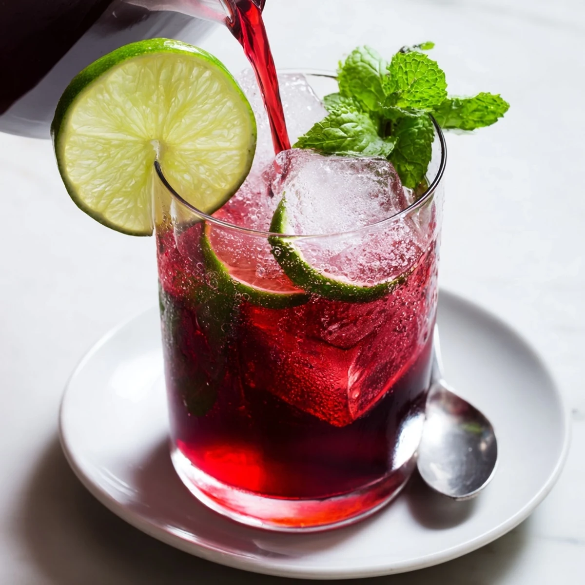 A tall glass of Hibiscus Iced Tea filled with ice cubes and garnished with fresh lime slices and a sprig of mint.