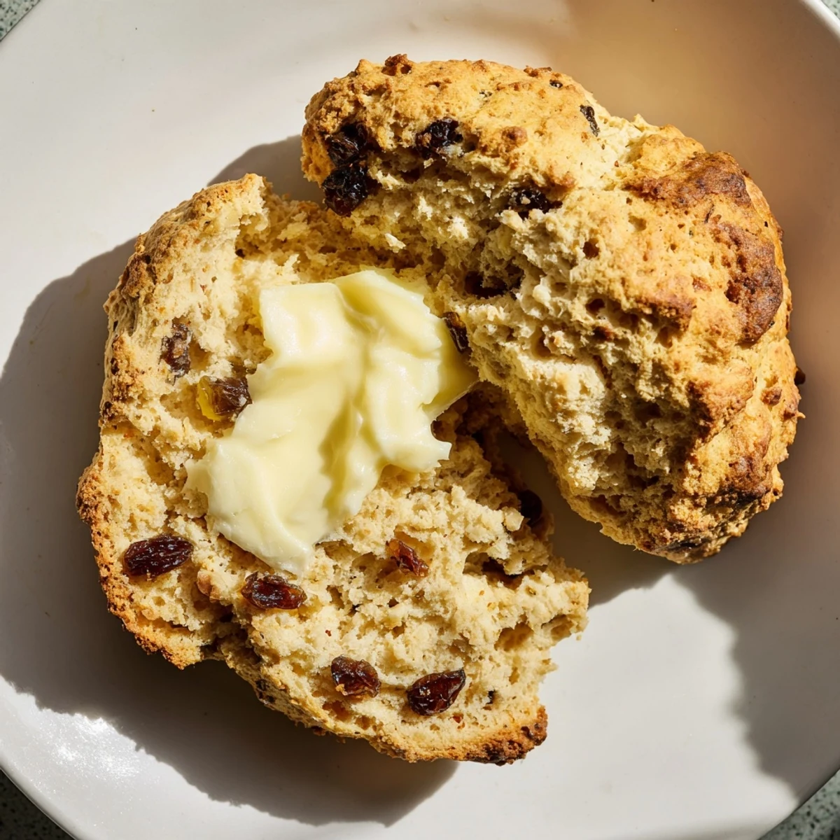 Freshly baked Irish Soda Bread Scones with a golden crust and tender crumb, served warm with creamy butter spread on top.