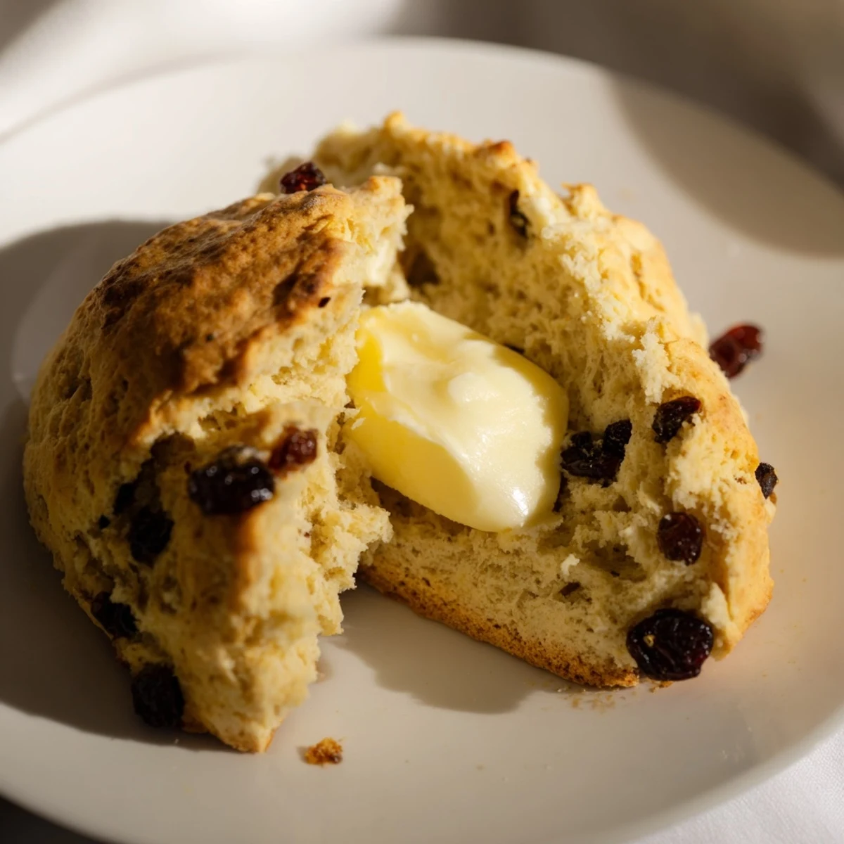 Close-up of warm Irish Soda Bread Scones split open, revealing a soft interior and ready for melting butter.