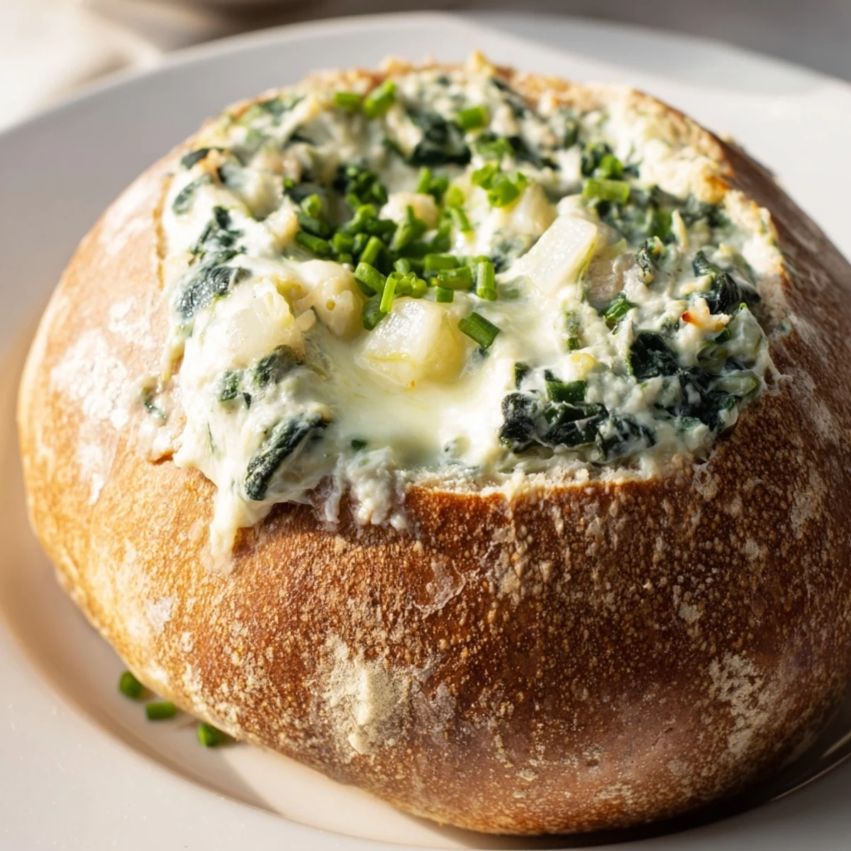Freshly baked spinach dip steaming inside a hollowed sourdough bread bowl with melted mozzarella and Parmesan on top.  
