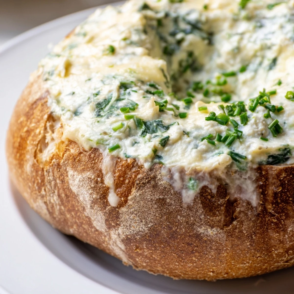 Spinach dip baked in a sourdough bread bowl, topped with fresh chives and served with vegetable crudités.  