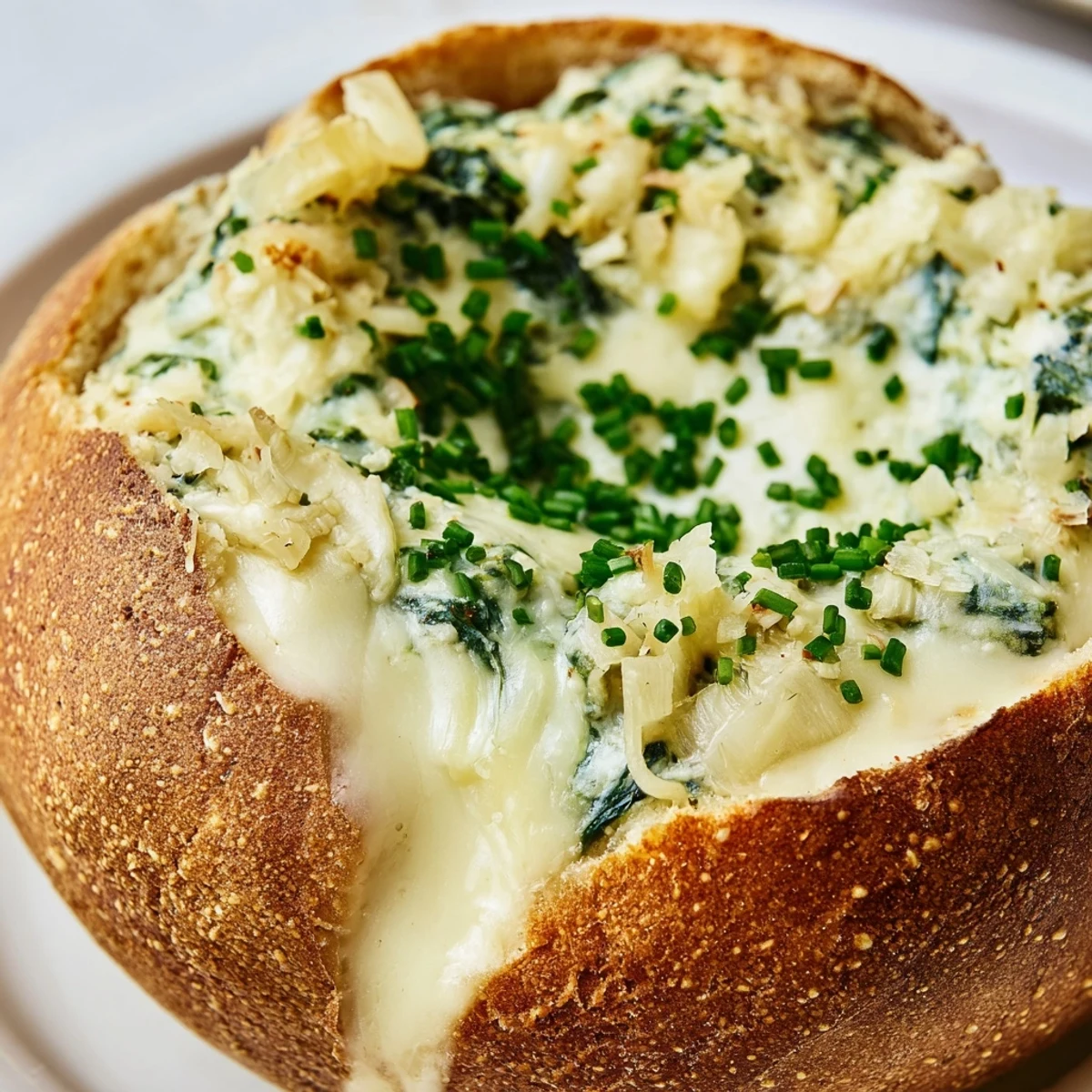 Golden, bubbly spinach dip in a crusty sourdough bread bowl, ready to share at a party.