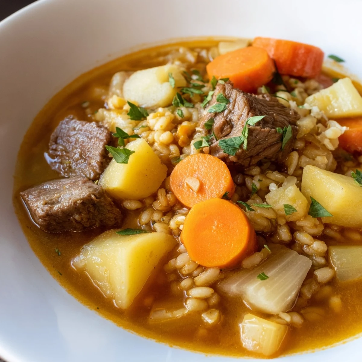 A steaming bowl of Irish Stew with Beef and Barley, featuring tender chunks of beef, diced carrots, potatoes, and nutty barley in a rich, savory broth, garnished with fresh parsley.