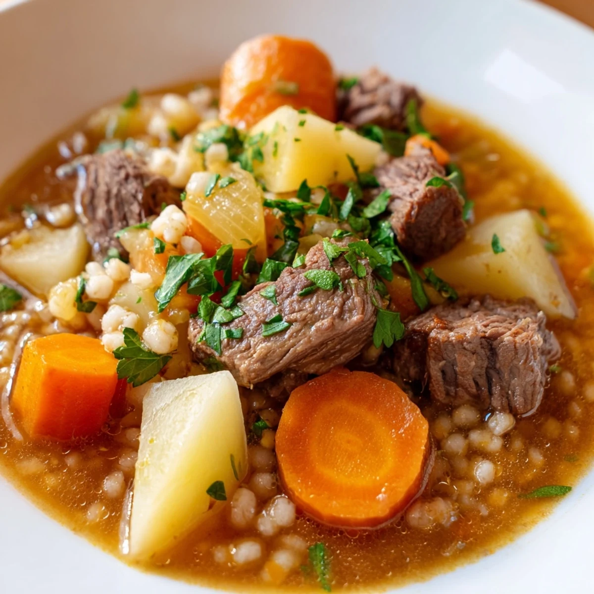 Close-up of Irish Stew with Beef and Barley in a rustic pot, highlighting the thick, flavorful broth with parsnips, celery, and hearty beef pieces perfect for a chilly evening.