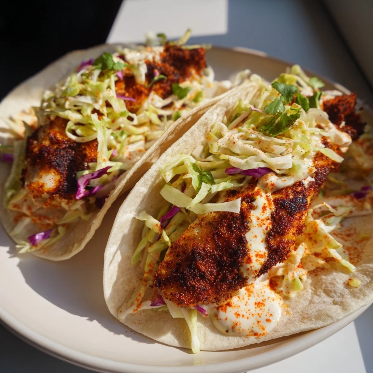 Warm tortillas filled with spiced blackened fish, topped with crisp tangy slaw and a drizzle of creamy mayo sauce.  