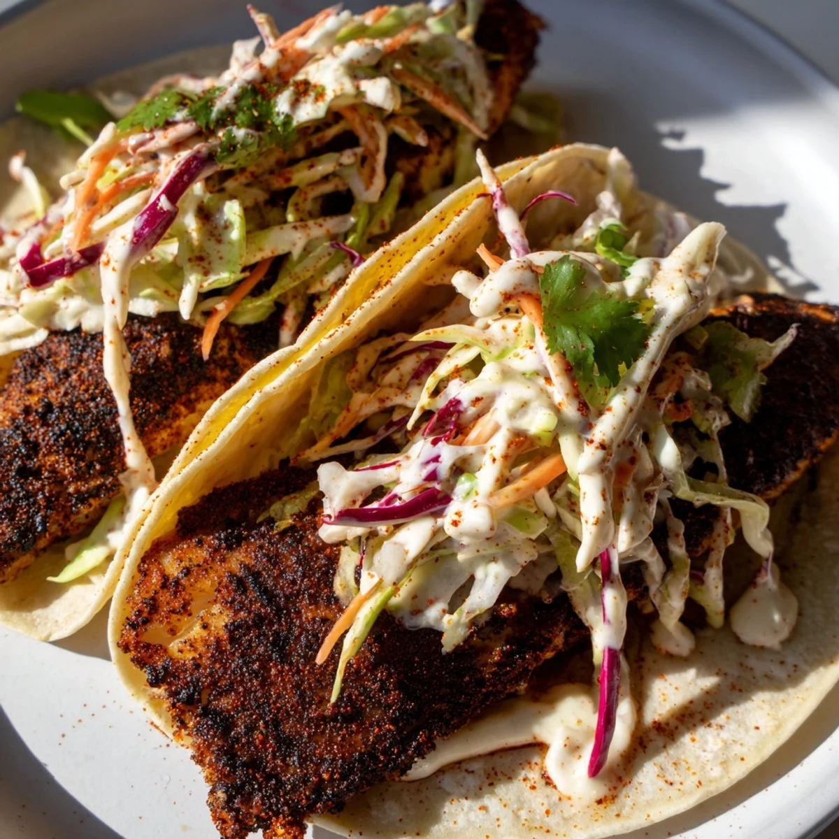 Freshly prepared Blackened Fish Tacos served with creamy slaw and a squeeze of lime on the side.