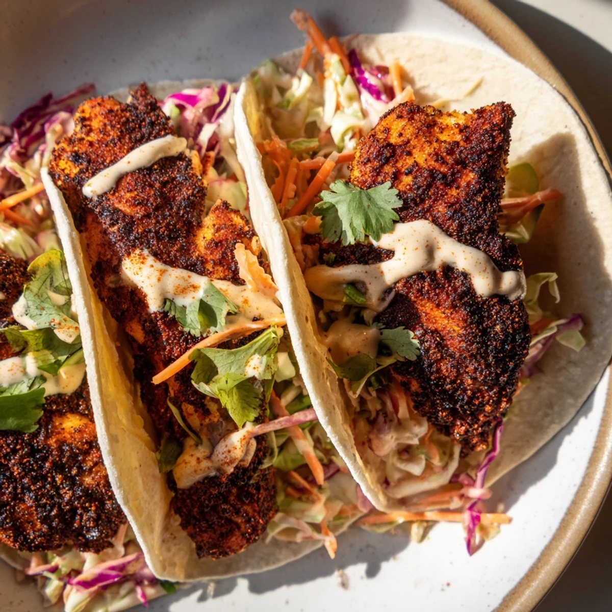 Vibrant white fish fillets blackened in a skillet, ready for taco assembly with shredded cabbage and lime.  