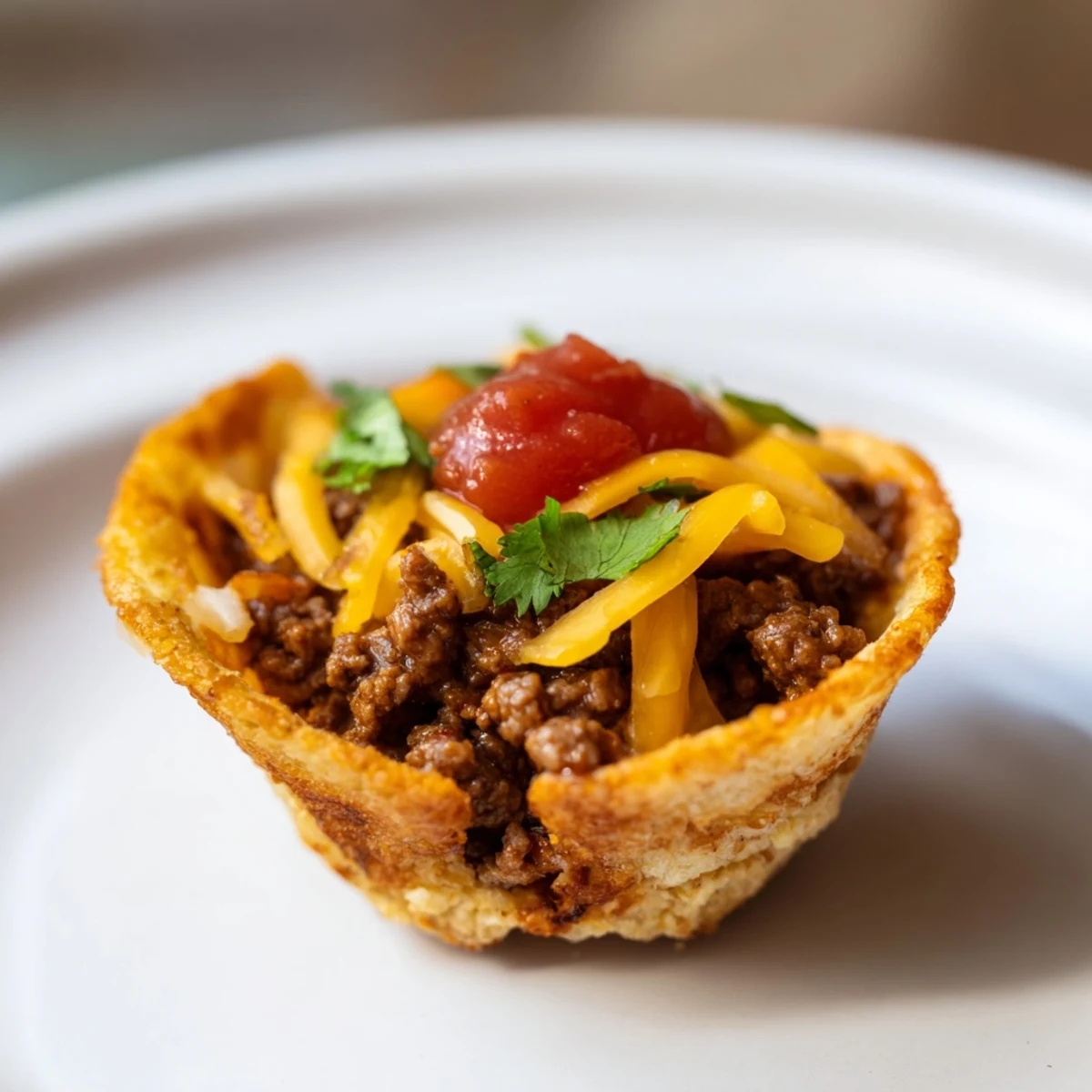 Golden-brown Taco Cups with Ground Beef and Cheese, baked in a crispy tortilla shell and topped with melty cheddar and fresh cilantro.  