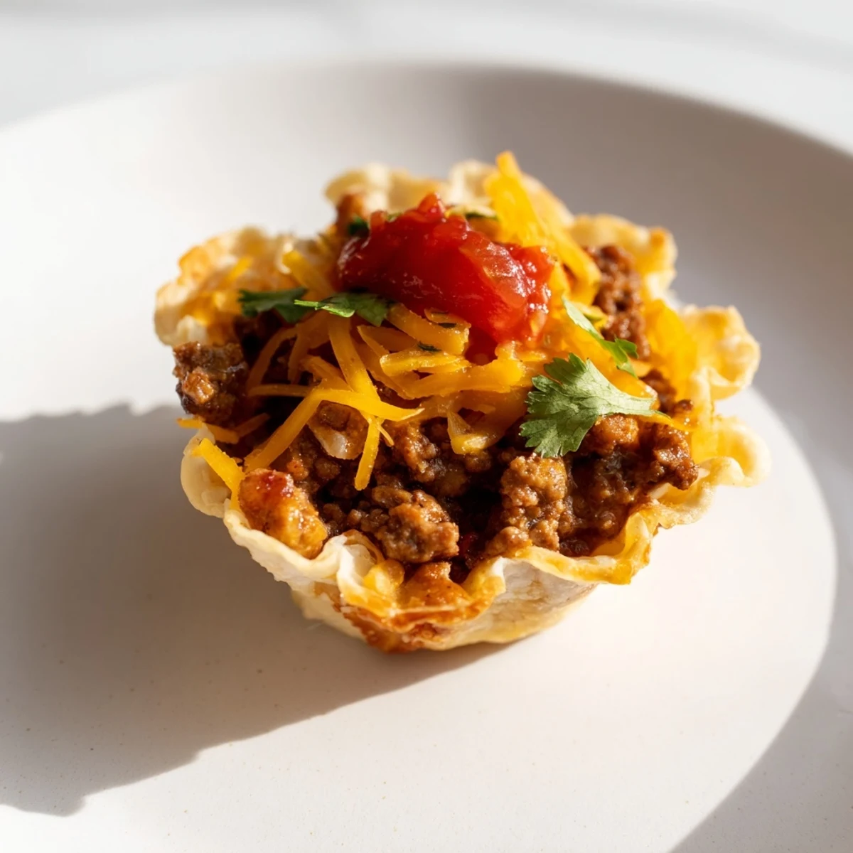 A close-up of Taco Cups with Ground Beef and Cheese, featuring savory seasoned meat and gooey cheese in a crunchy edible cup.  
