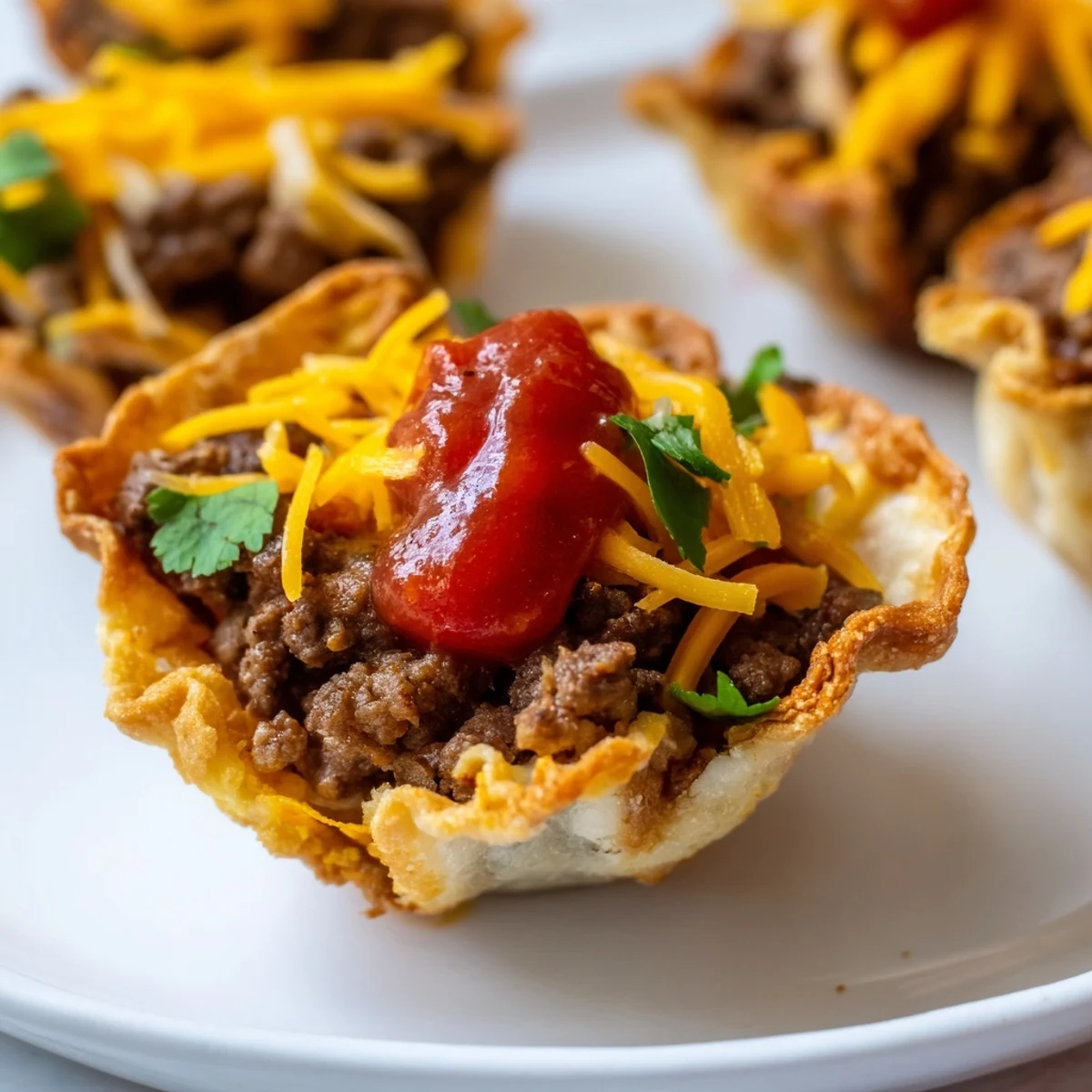 Perfect party appetizer: Taco Cups with Ground Beef and Cheese, garnished with green onions and served with a side of salsa.