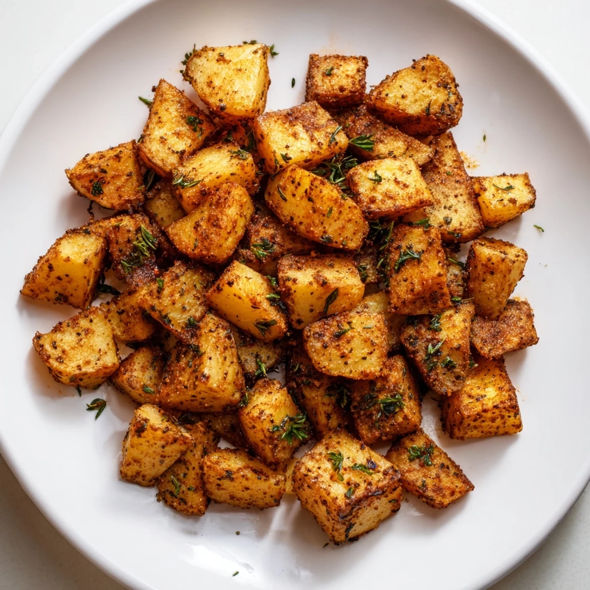 Golden-brown Cajun Spiced Roasted Potatoes with Herbs served hot in a rustic white bowl.
