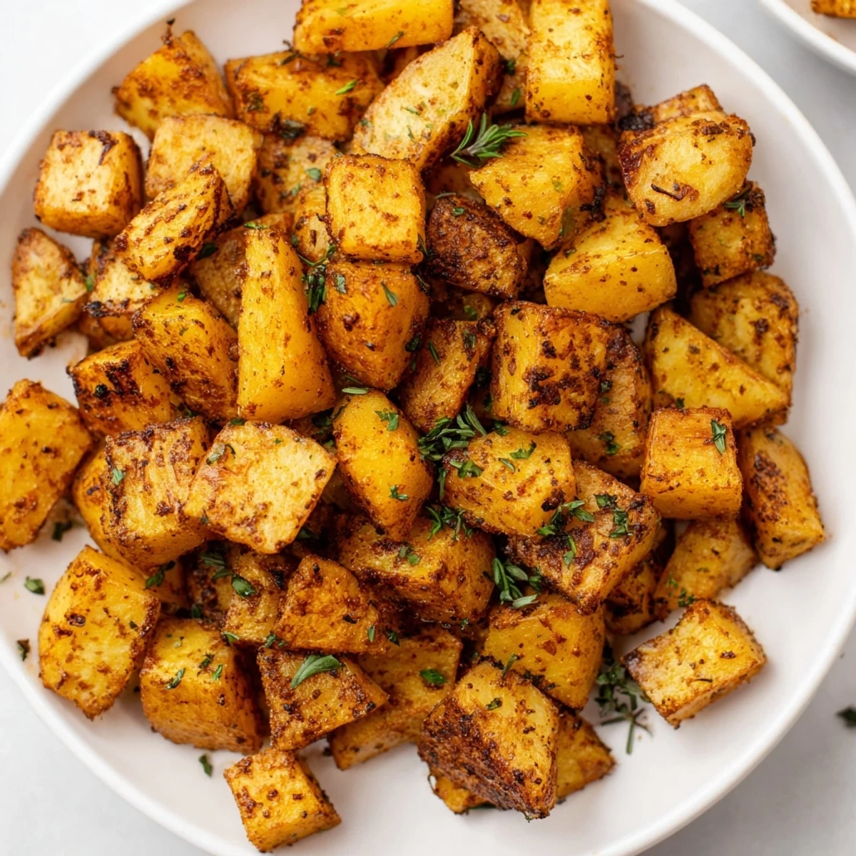 Crispy, spicy Cajun Spiced Roasted Potatoes with Herbs paired with grilled meat for a flavorful side.