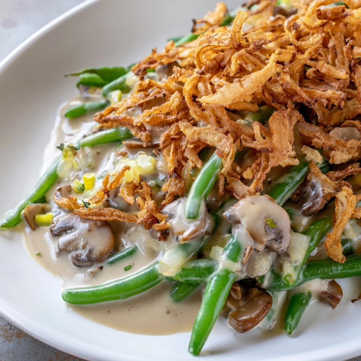 Freshly blanched green beans nestled in a creamy mushroom sauce, topped with golden, crispy fried onions in a casserole dish.  