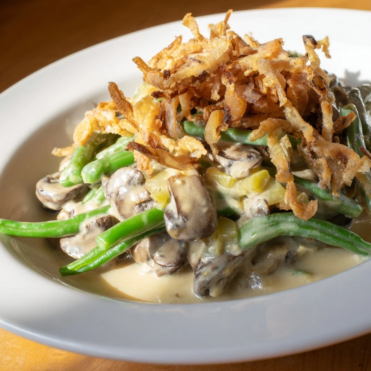 A classic Green Bean Casserole ready for the oven, featuring a rich sauce and crunchy fried onion topping.  