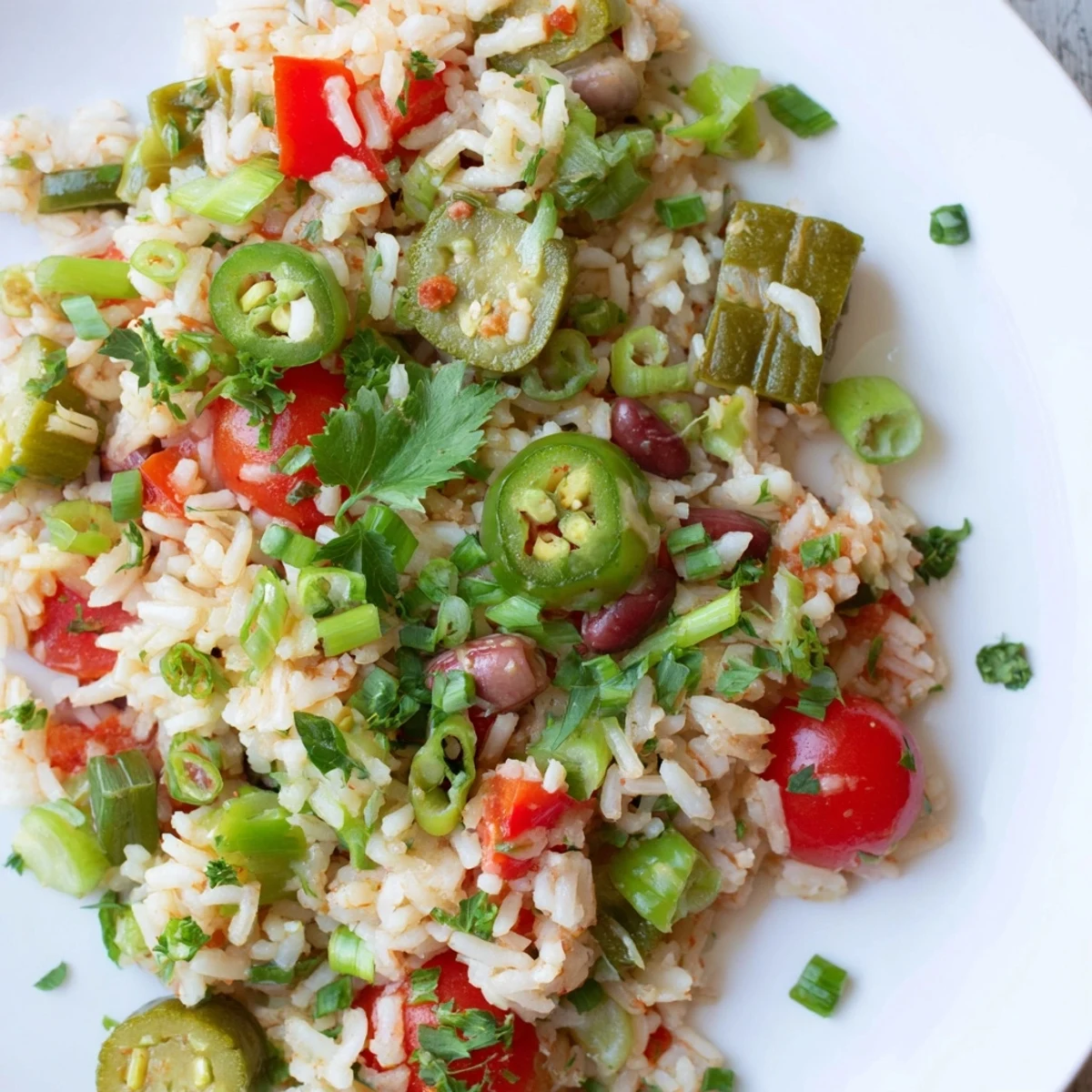 A colorful bowl of Mardi Gras Veggie Jambalaya with bell peppers, kidney beans, and fluffy rice, garnished with fresh parsley.