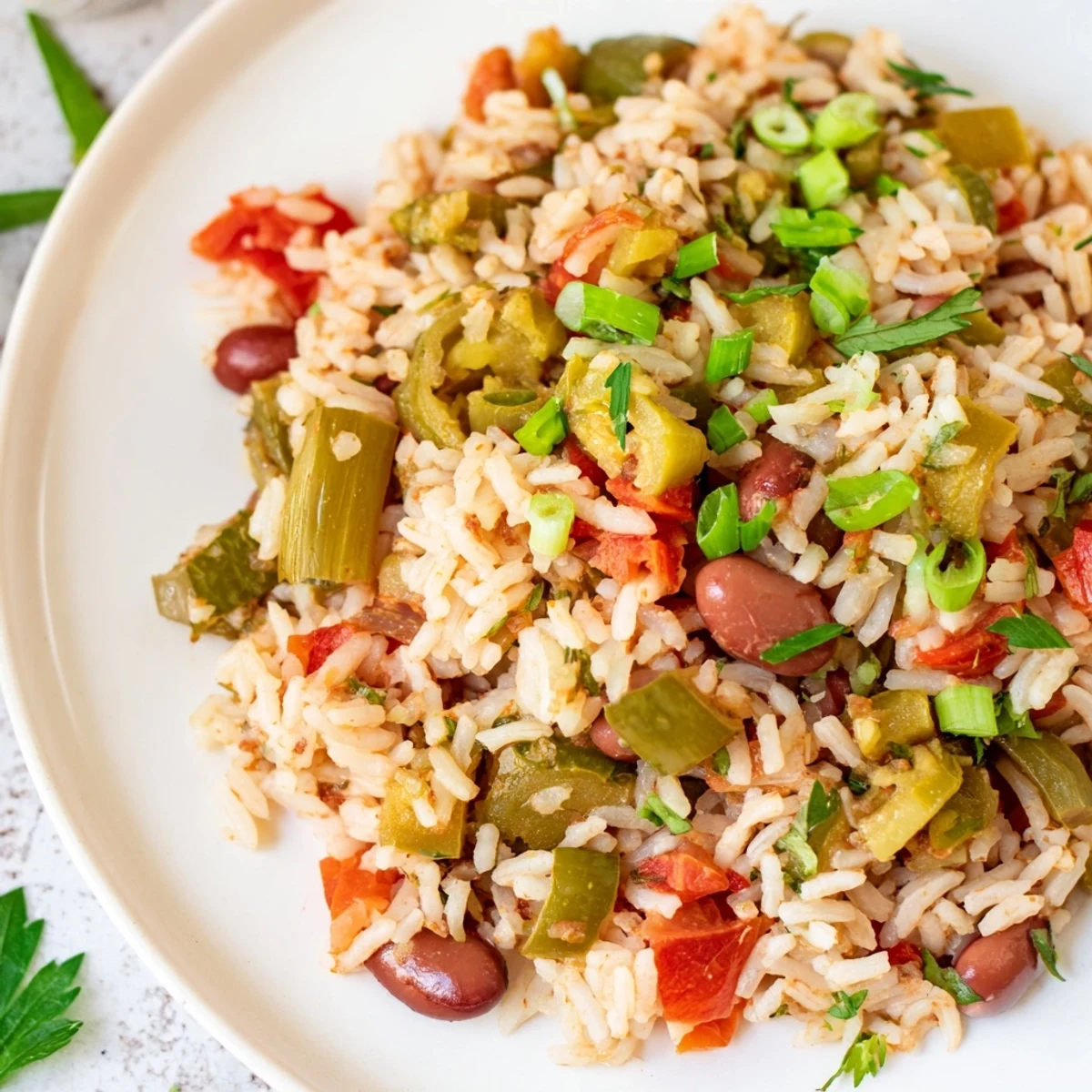 Close-up of Mardi Gras Veggie Jambalaya, showcasing tender zucchini, okra, and cherry tomatoes in a spiced Cajun tomato broth.