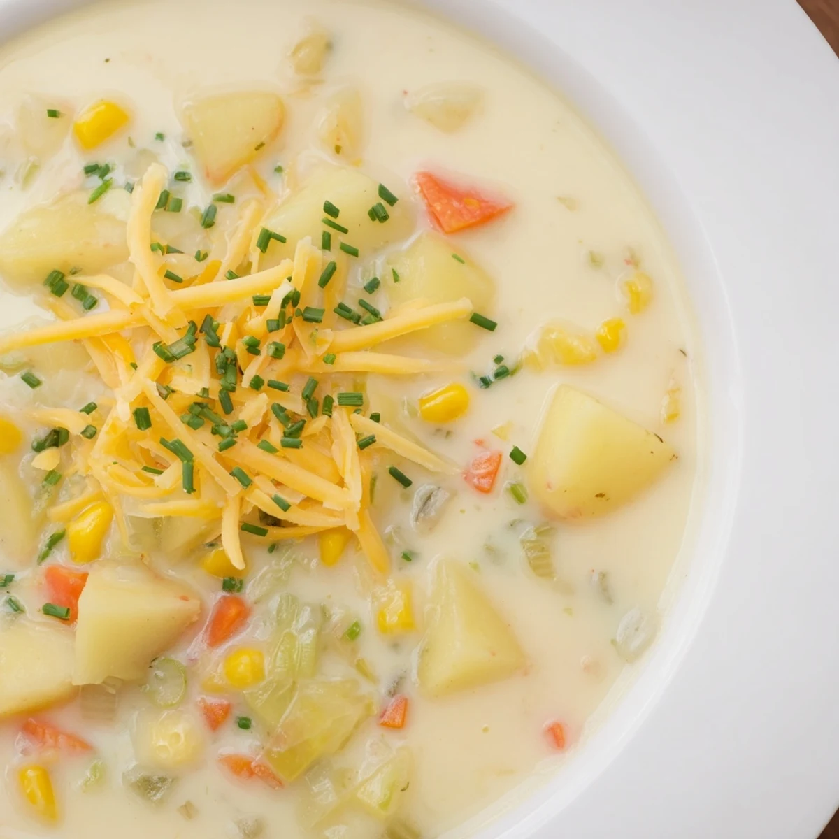 Creamy corn chowder with potatoes served in a rustic bowl, garnished with fresh chives and a sprinkle of cheese for a cozy, comforting meal.  